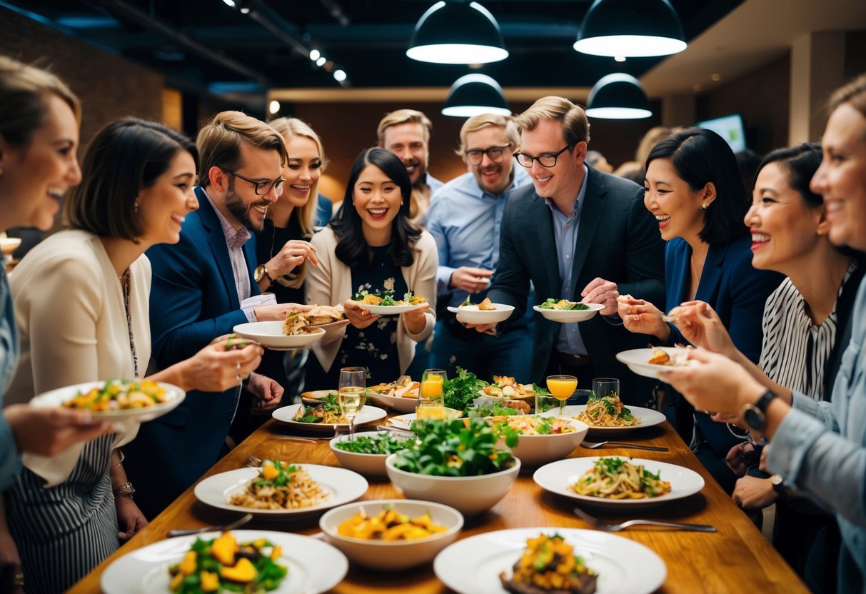 A group of bloggers and food critics gather around a table, sampling dishes and engaging in lively conversation. The atmosphere is warm and inviting, with everyone eagerly exchanging ideas and building connections