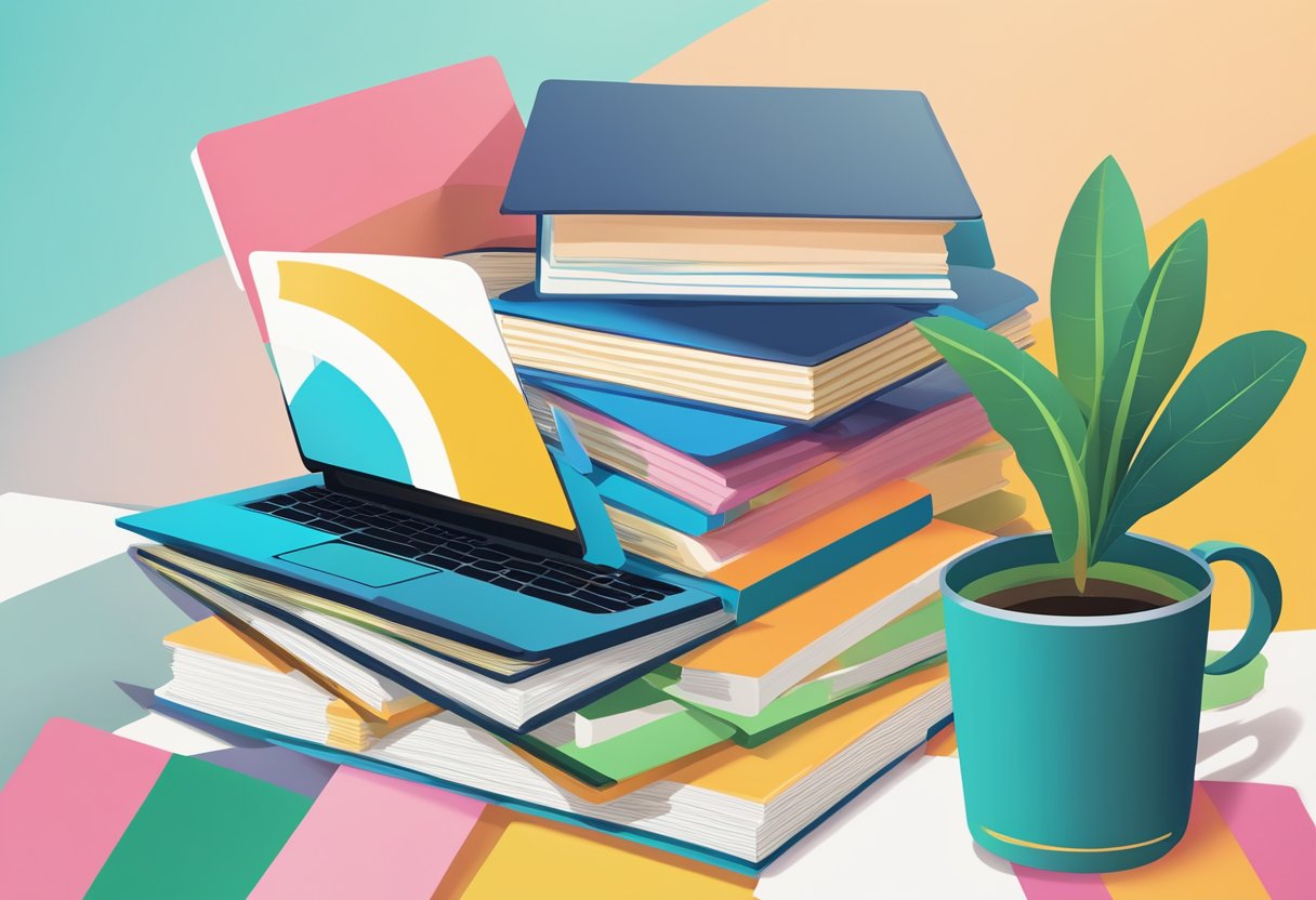 A stack of colorful pamphlets and booklets on a table, with a laptop open to a website titled "Frequently Asked Questions: Beginners guide to direct response advertising."