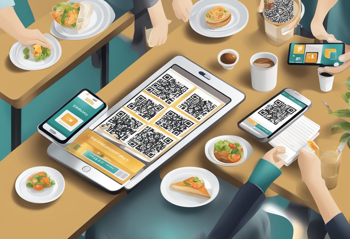 A restaurant table set with a QR code menu and promotional materials, with customers using their smartphones to scan the codes