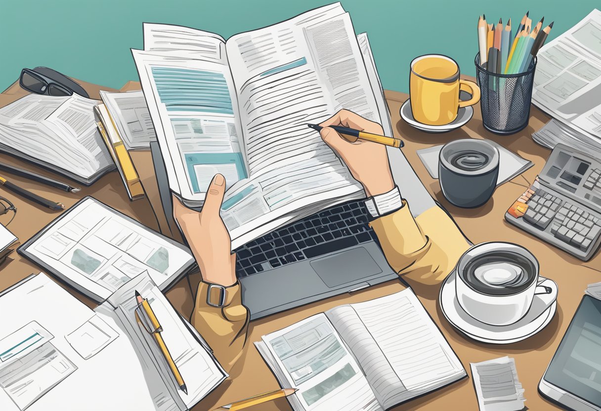 A person reading a guidebook with a pencil and paper, surrounded by marketing materials and a computer
