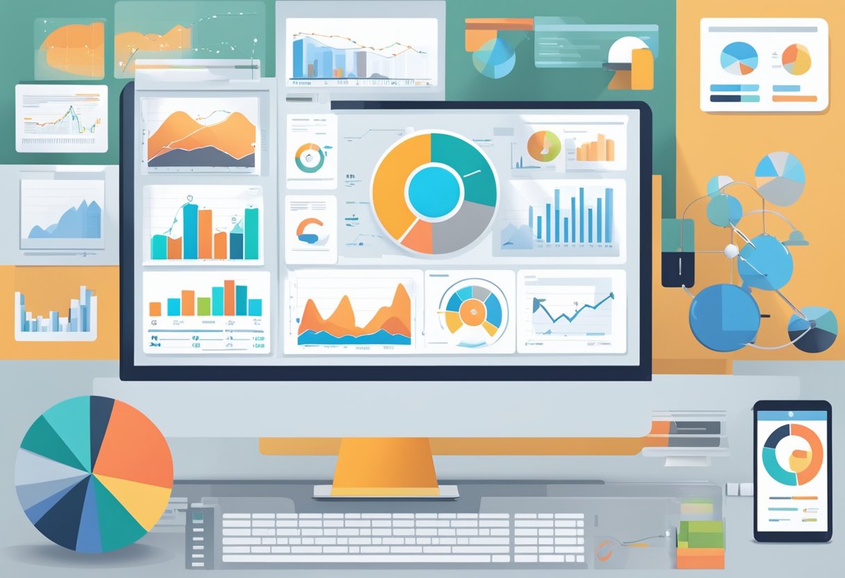 A computer screen displays various digital marketing analytics graphs and charts, with a focus on tracking performance trends