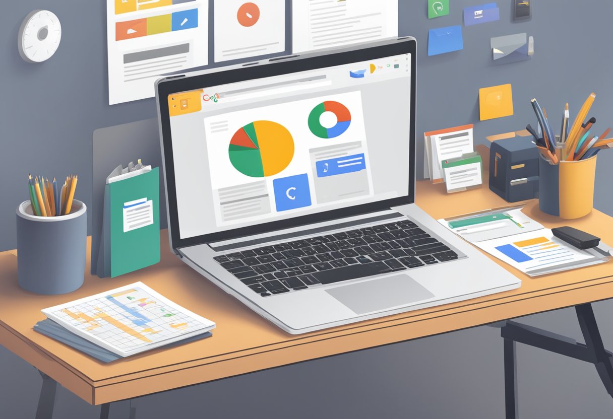 A desk with a laptop open to a Google Reviews dashboard, surrounded by marketing materials and resources