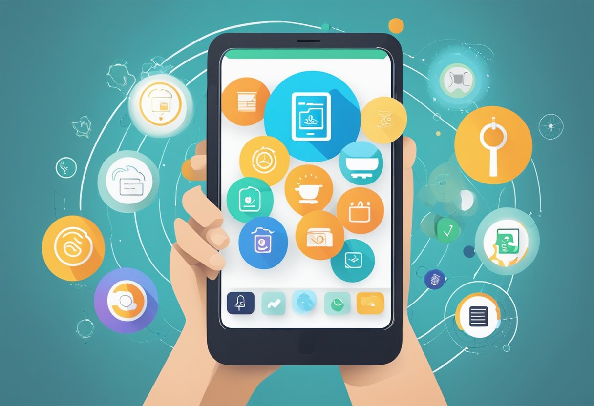 A smartphone displaying a digital loyalty program app with dynamic graphics and interactive features, surrounded by icons representing emerging technology trends